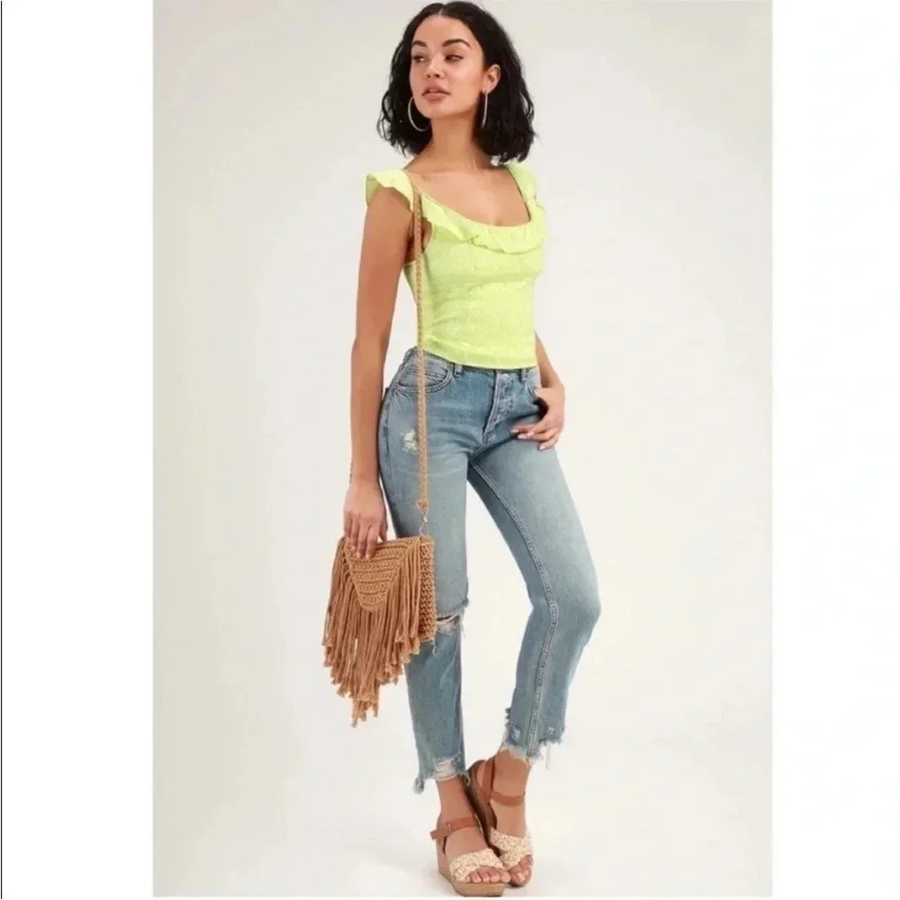 Free People stay with you green satin ruffle boho top